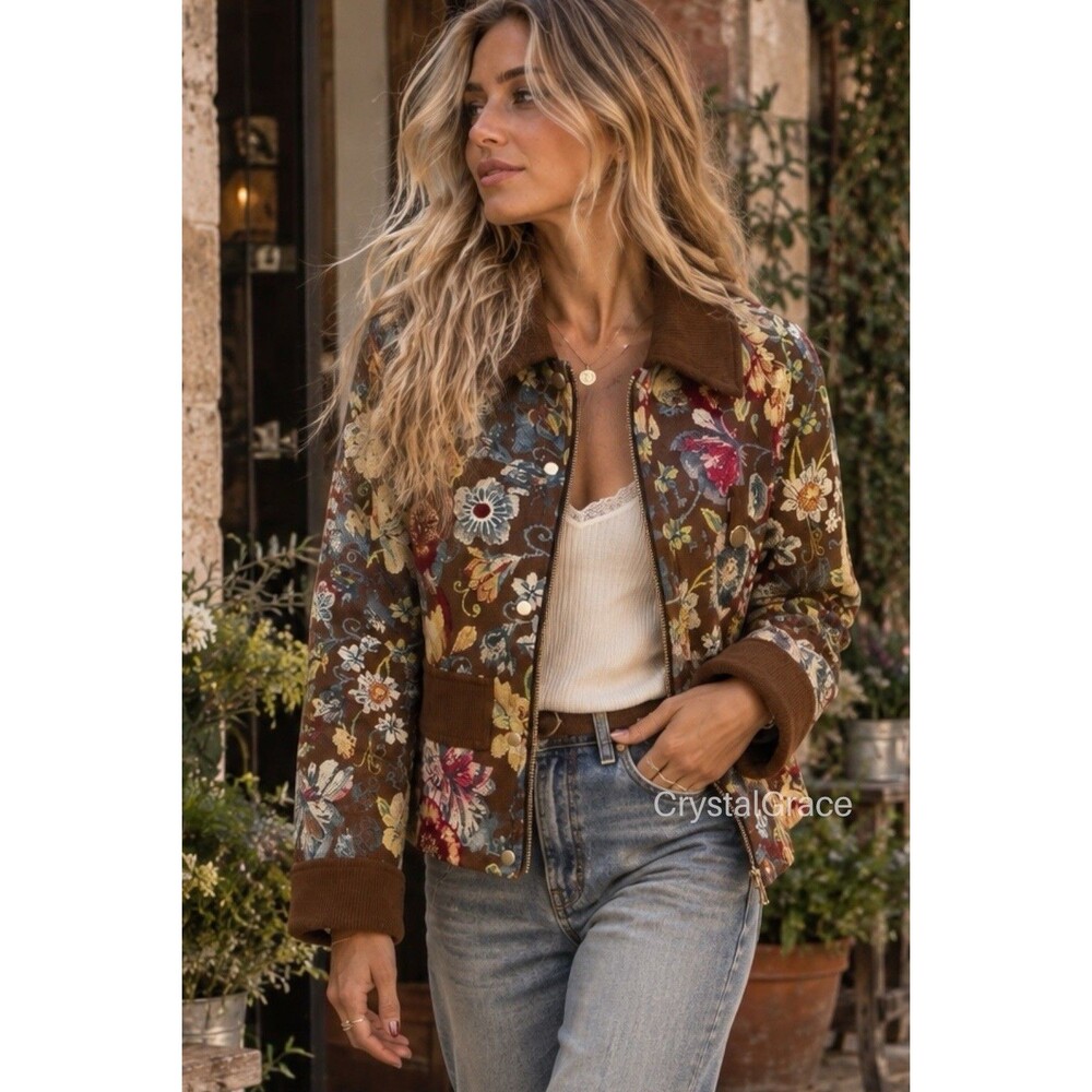 Avec Les Filles Anthropologie Tapestry Jacket Womens S Brown Floral Corduroy